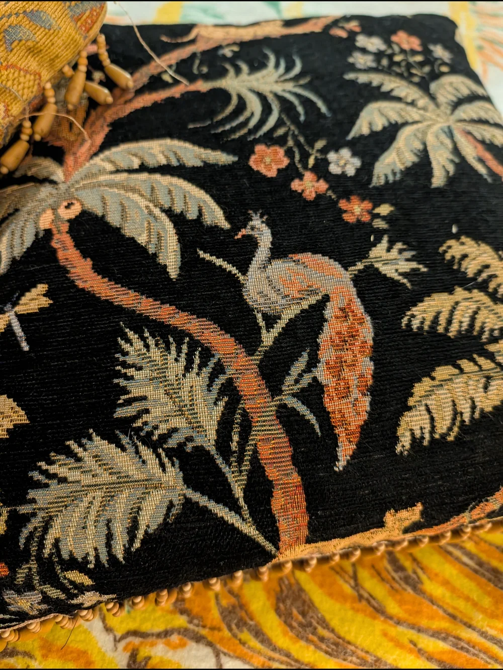 Vintage 90's Tapestry Pillows Woven Jacquard Wooden Beaded Trim Set Of 2